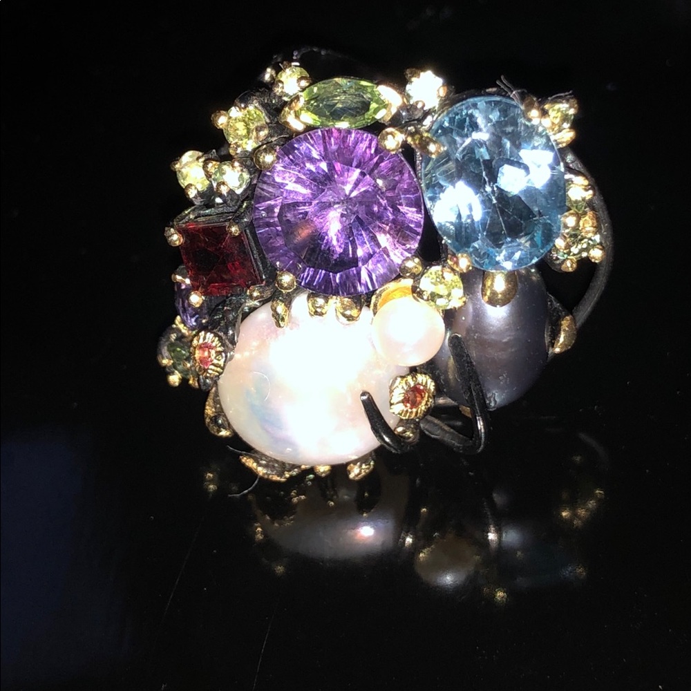 Natural Pearl Sterling Silver Ring with Gems